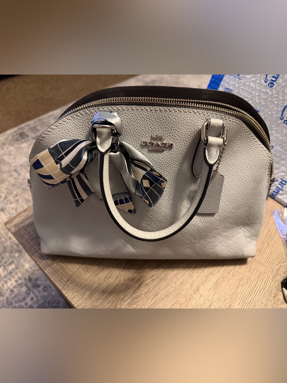 Coach White Pebbled Leather Satchel with Patterned Scarf Accent